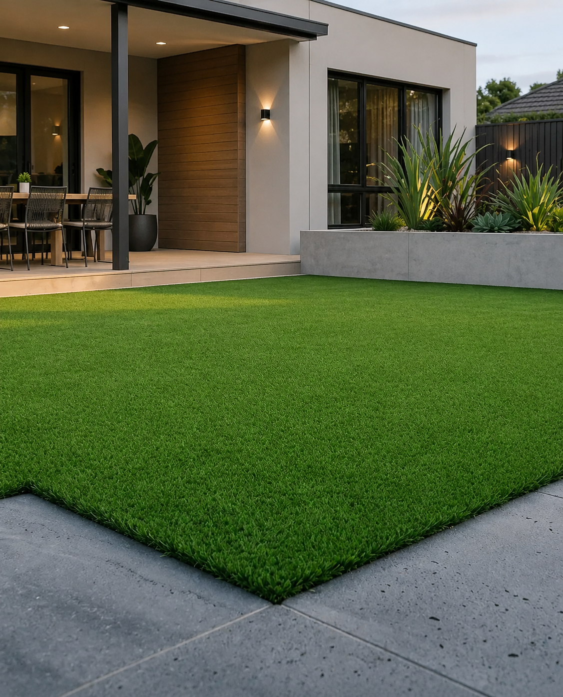 Modern artificial turf lawn beside concrete pavers and a contemporary outdoor living space