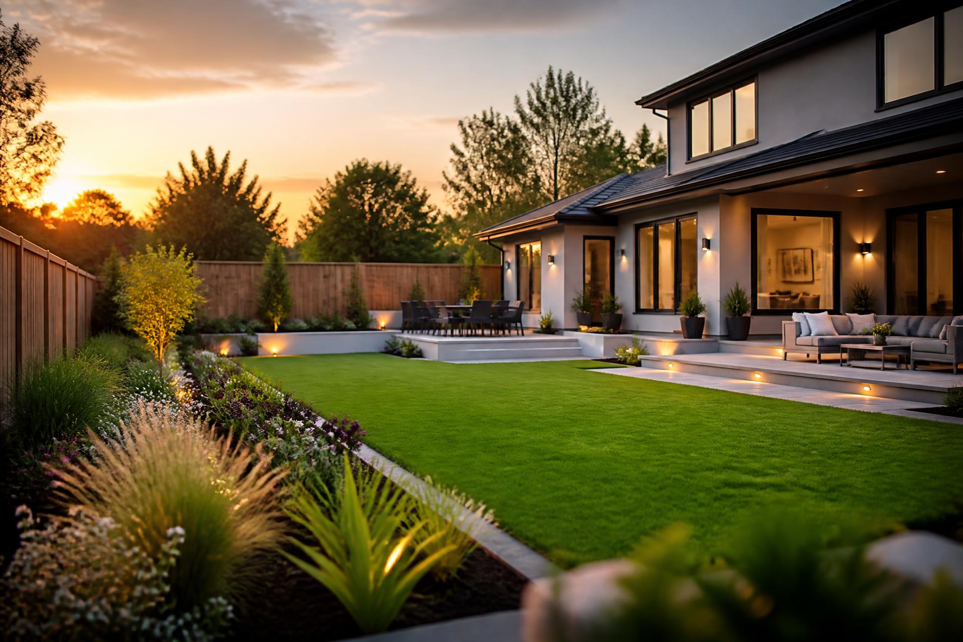 Landscaped Christchurch garden at golden hour with lawn, planting beds and stone edging