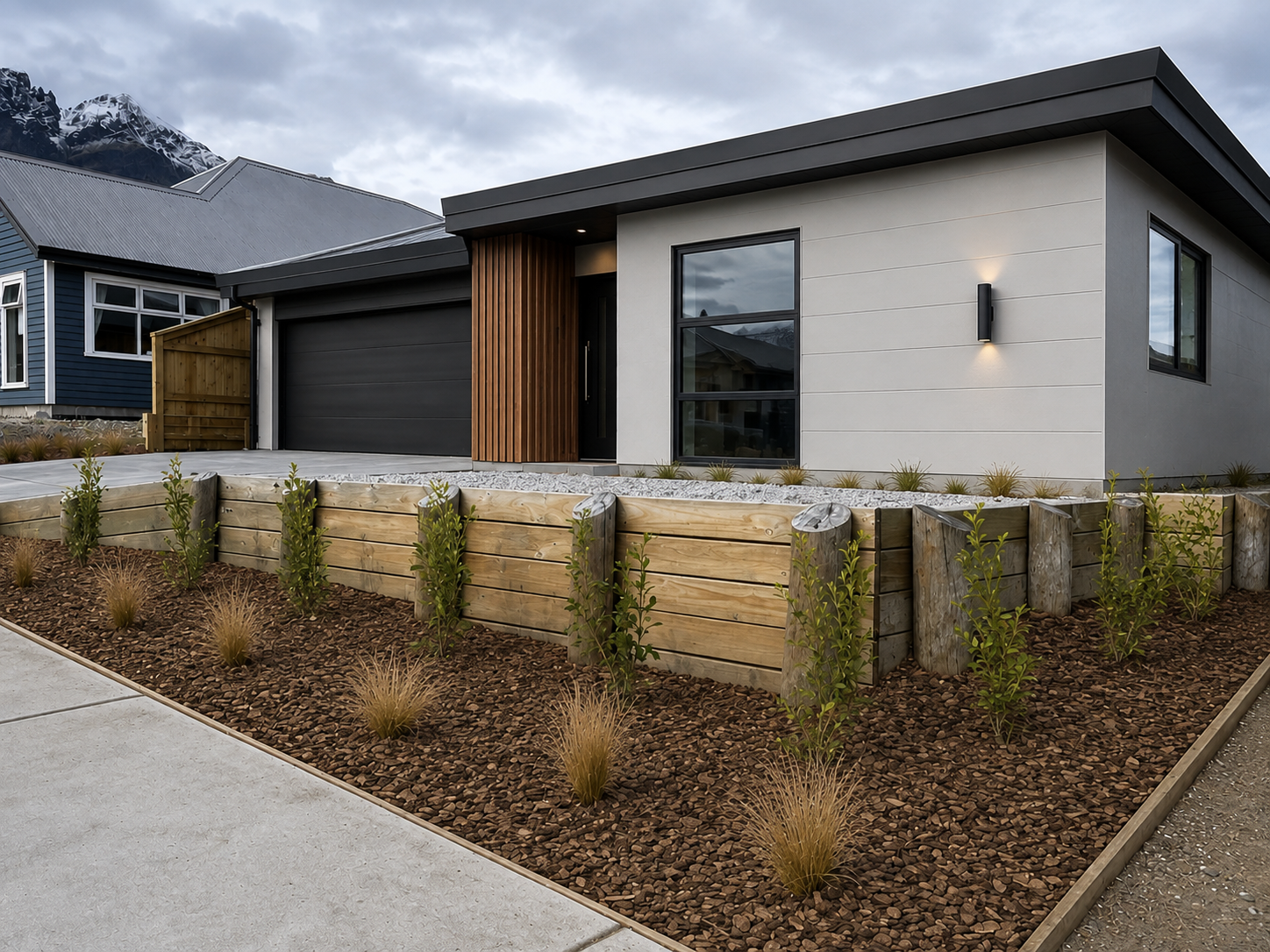 Timber sleeper retaining wall with young plants and gravel garden in a new-build front yard