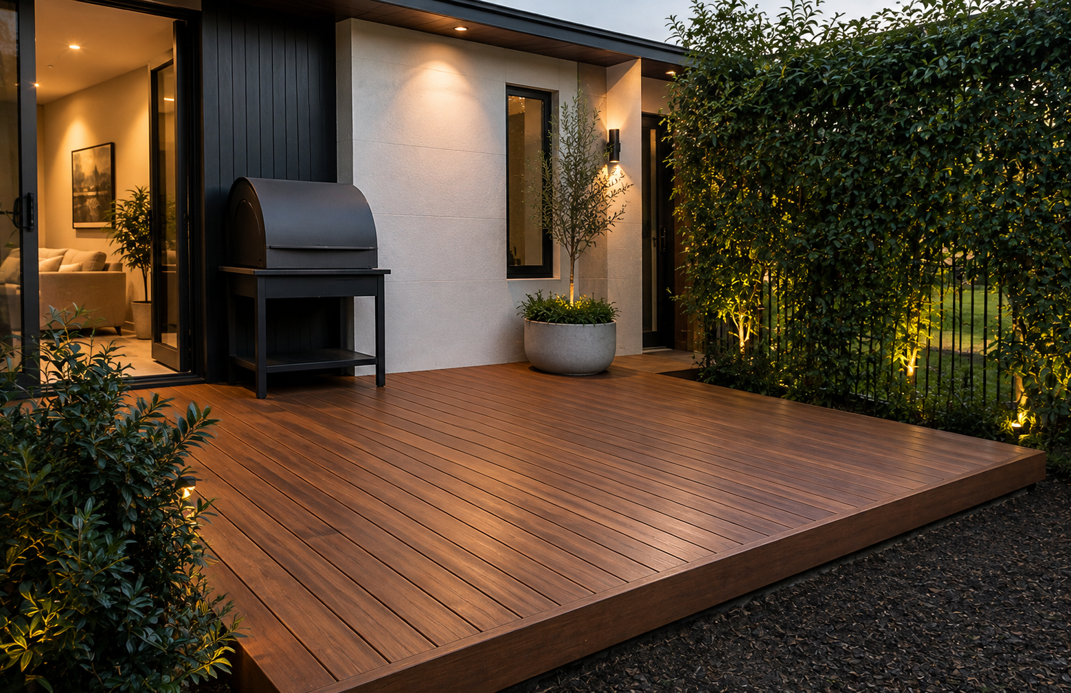 Modern timber deck at dusk with outdoor lighting, BBQ and garden planting alongside a contemporary home