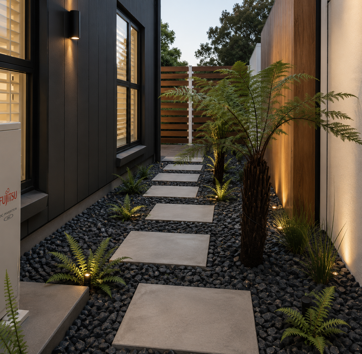 Side courtyard planting with tree fern, native ferns and grasses in black river stone alongside concrete stepping pavers