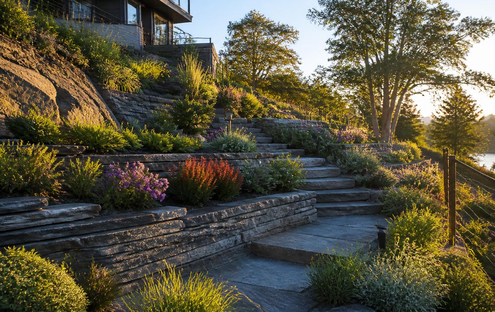 Terraced hillside garden with stacked rock walls, planted slope and stone steps