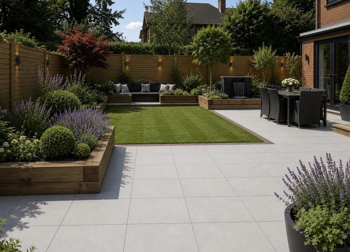 Renovated backyard garden with timber raised planters, lawn, paved patio and outdoor seating