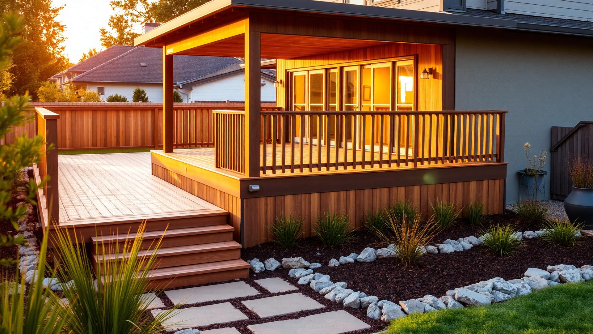 Light timber deck built alongside a landscaped Canterbury garden