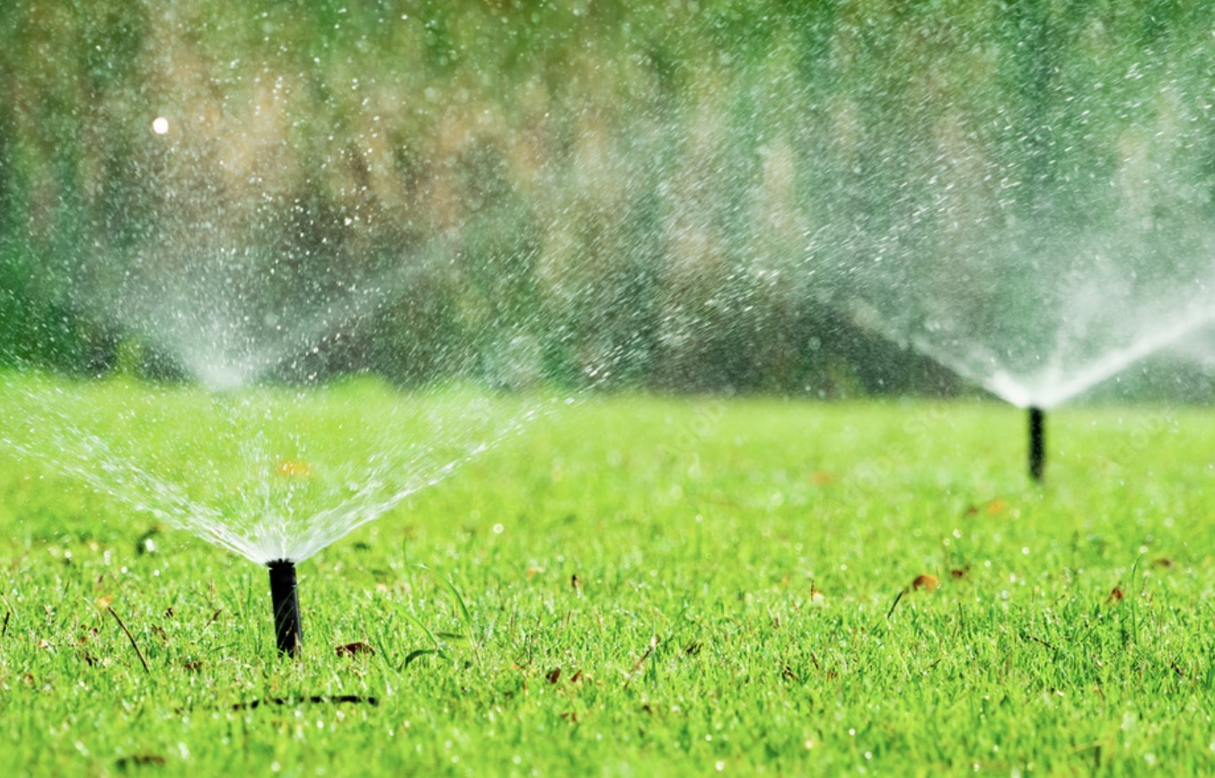 Pop-up irrigation sprinklers watering a healthy green lawn on a sunny day