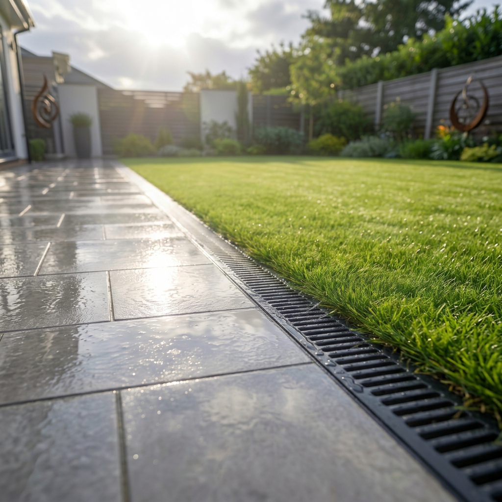 A newly finished new-build garden patio with linear drainage channel and neatly laid lawn