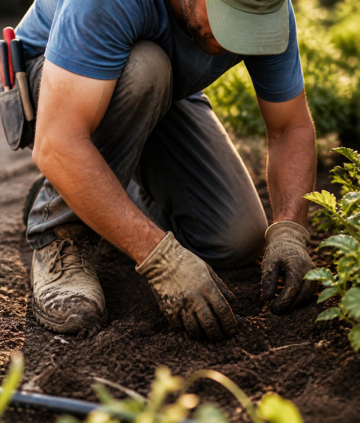 Landscaper's hands working soil in a garden bed