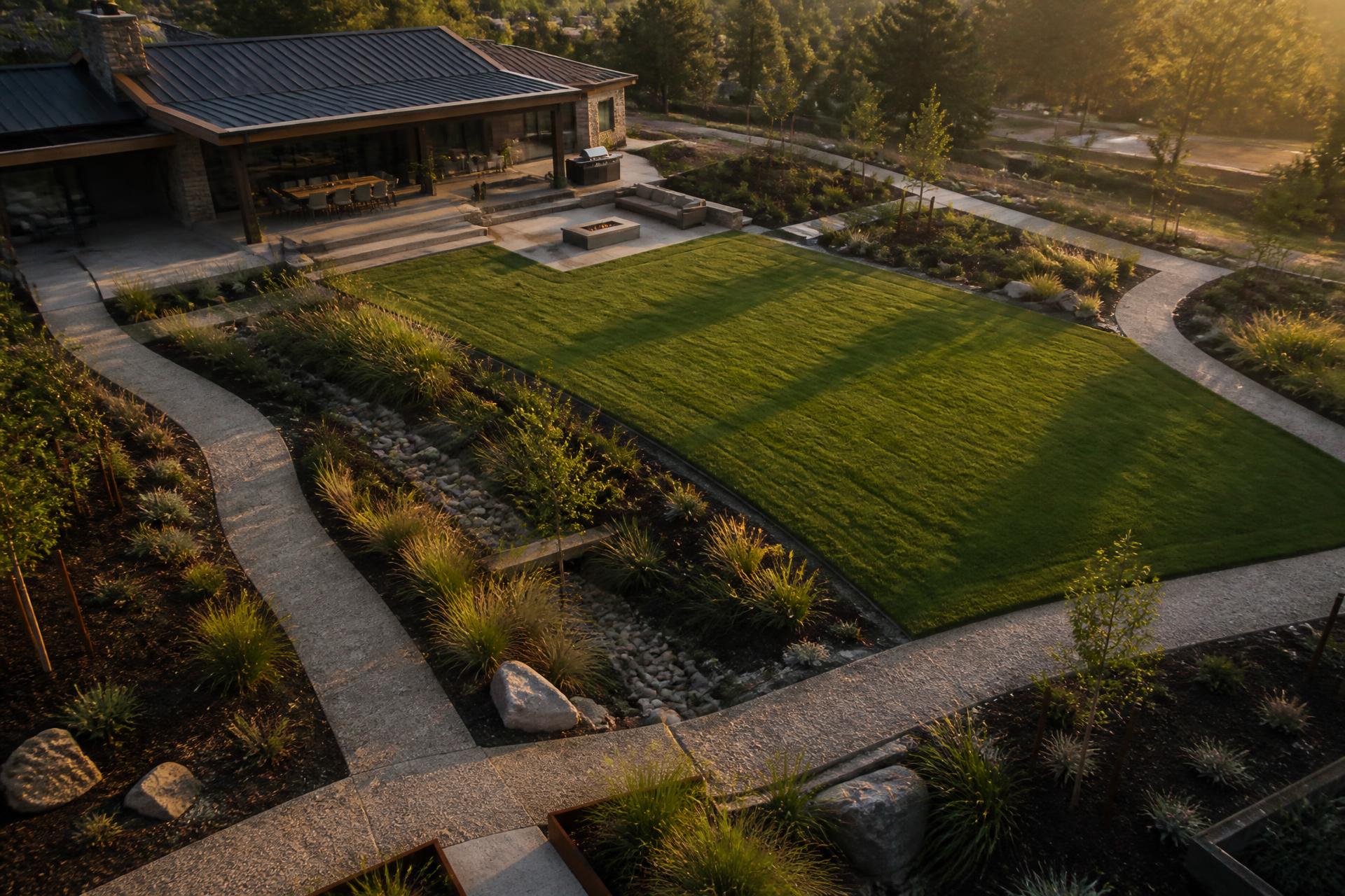 Newly landscaped garden of a modern new-build home at golden hour